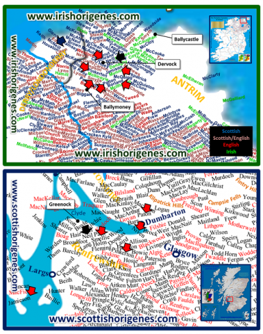 The surnames of North Antrim and Renfrewshire
